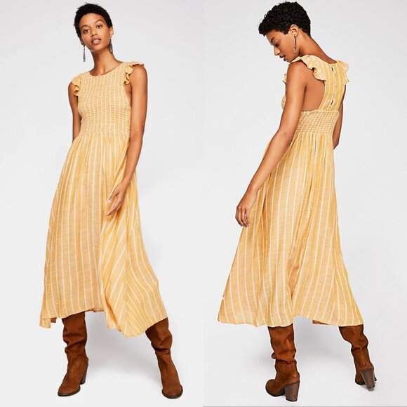 Free People Chambray Butterflies Midi Dress Mustard Striped - Picture 1 of 7